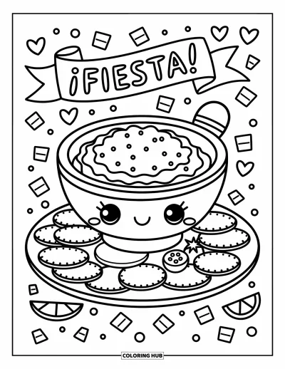 Tegning af mexicansk mad til voksne: Stor guacamoleskål med chips, lime, tomat og et "¡Fiesta!"-banner