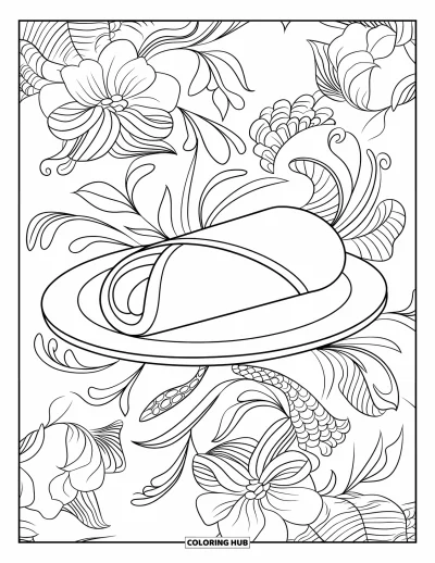 Tegning af mexicansk mad til voksne: Burrito på en tallerken med svirvlende blomster og bladmønstre