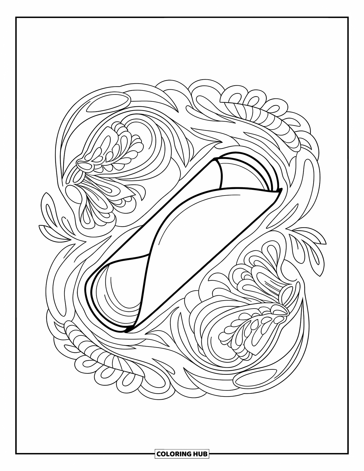 Mexican Food Coloring Page for Adults: Burrito with bold outline framed by full-page floral design