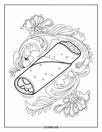 Tegning af mexicansk mad til voksne: Burrito pakket i en serviet omgivet af smukke blomstermønstre