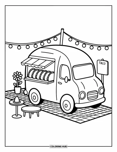Tegning af mexicansk mad til voksne: Sød taco-vogn med blomster, tacos, lyskæder og et skilt