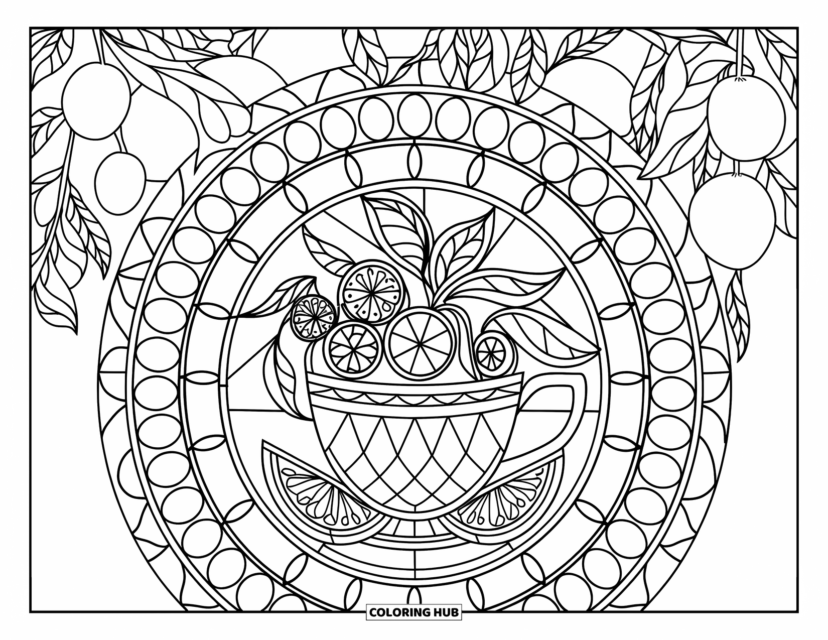 Mexican Food Coloring Page for Adults: Detailed citrus mandala with agua fresca set in a lush fruit garden
