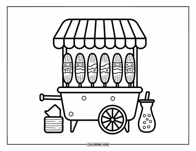 Tegning af mexicansk mad til voksne: Madbod med grillede elotes, limonade og servietter under en stribet baldakin