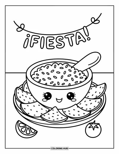 Tegning af mexicansk mad til voksne: Guacamoleskål med spredte chips og et festligt hængende banner