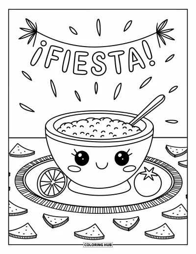 Tegning af mexicansk mad til voksne: Guacamole-festopsætning med chips, limebåd og lille tomat