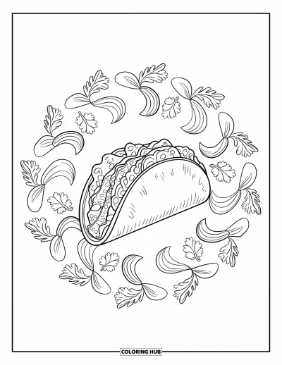 Tegning af mexicansk mad til voksne: Detaljeret taco i en dekorativ grøntsagsmandala med kant