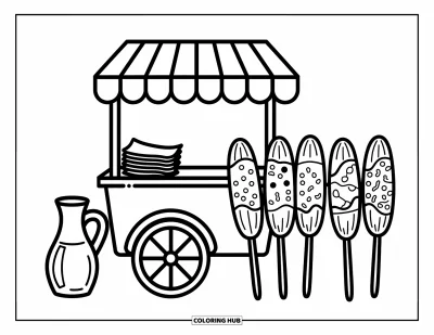 Tegning af mexicansk mad til voksne: Kawaii-vogn med elotes og limonade i en hyggelig lille gadescene