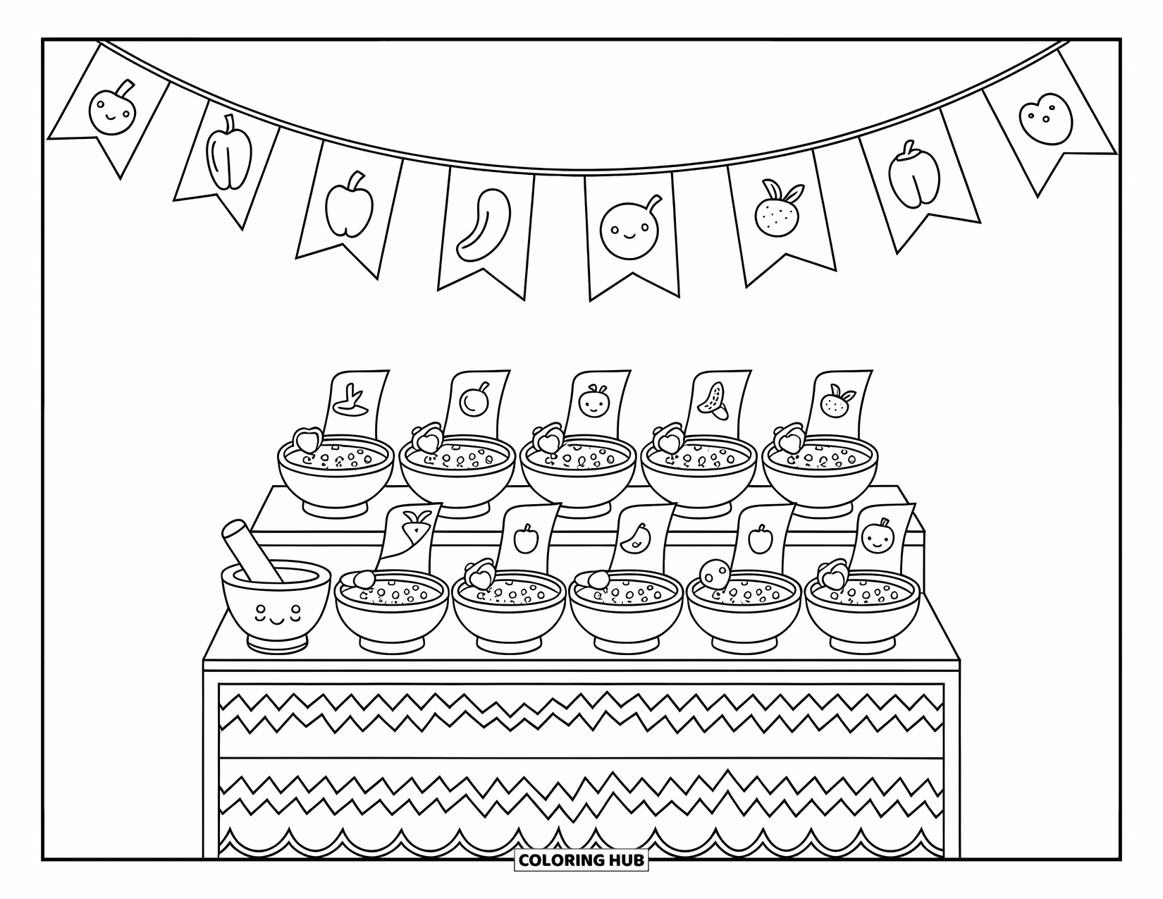 Mexican Food Coloring Page for Adults: Market stall with salsa bowls, cute labels, and a zigzag tablecloth