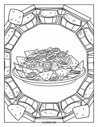 Tegning af mexicansk mad til voksne: Nachos med toppings omgivet af salsaskåle på hvid baggrund