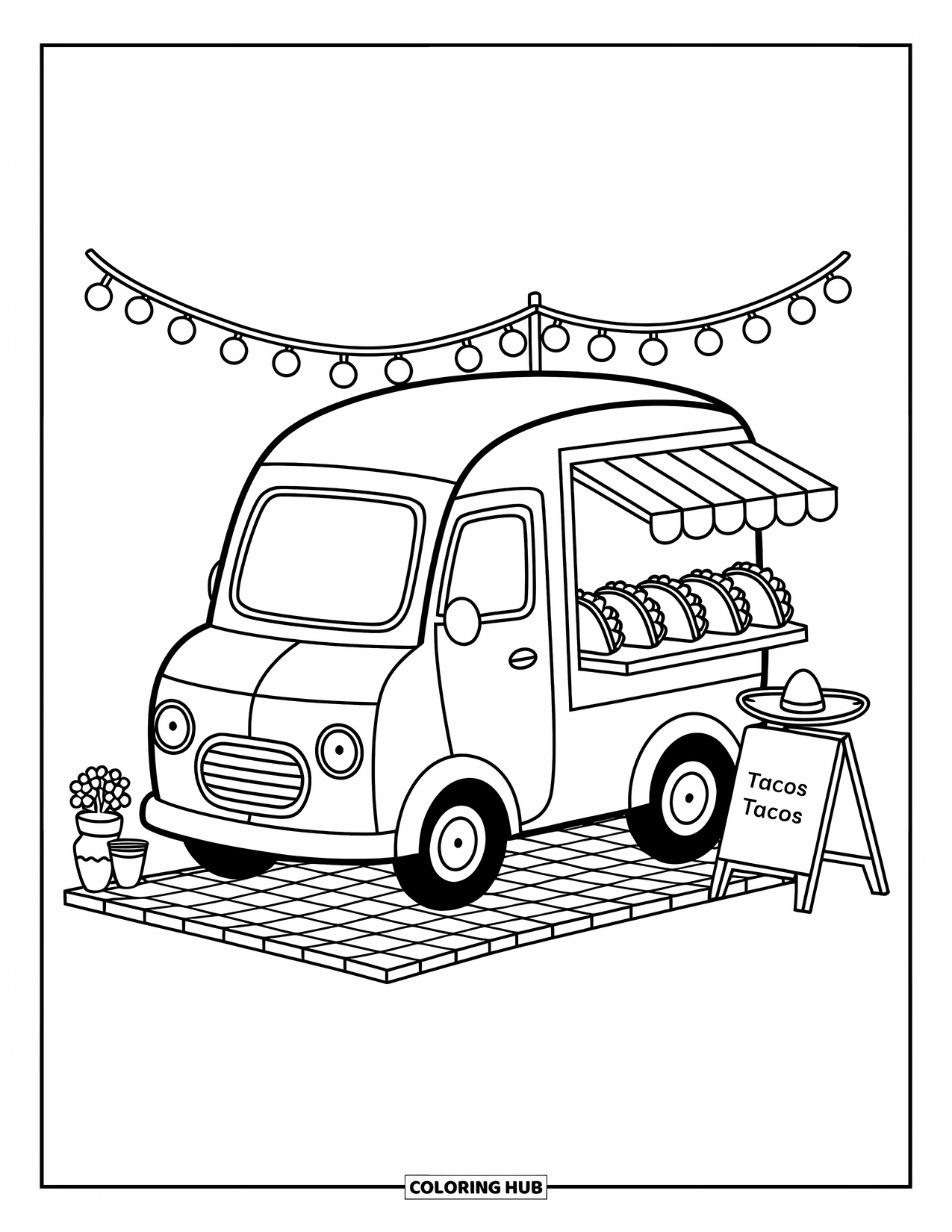 Mexican Food Coloring Page for Adults: Playful taco truck with lights, a sign, a flowerpot, and smiling tacos