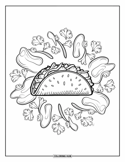 Tegning af mexicansk mad til voksne: Taco i centrum af en mandala fyldt med urter og grøntsager