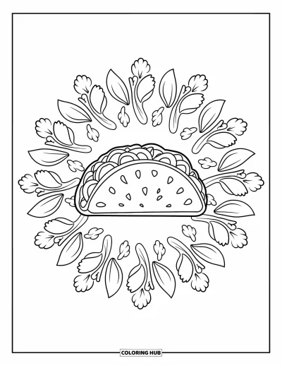 Tegning af mexicansk mad til voksne: Taco omgivet af mandala lavet af koriander, peber og avocadoskiver