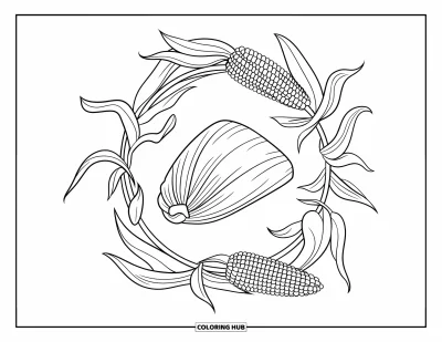 Tegning af mexicansk mad til voksne: Tamale i skaller indrammet af blomstersnirkler, majskolber og blade