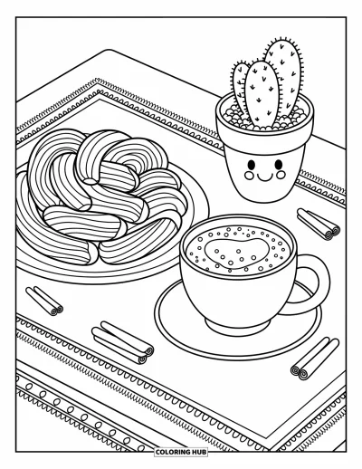 Tegning af mexicansk mad til voksne: Fantasifuldt dessertbord med churros, kakao og en smilende kaktus i potte