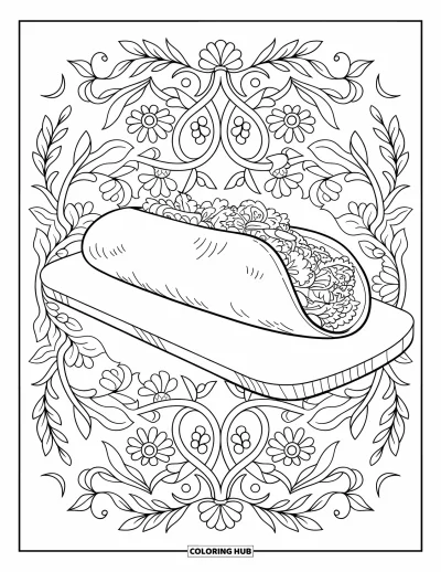 Tegning af mexicansk mad til voksne: Pakket burrito på et bræt omgivet af detaljerede blomstersnirkel
