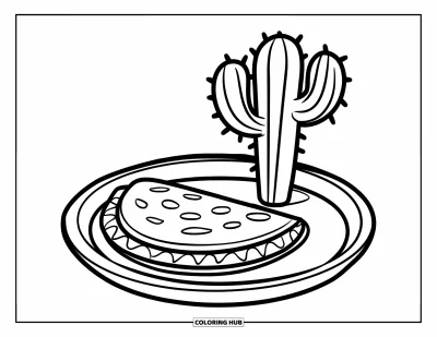 Tegning af mexicansk mad til børn: Lille quesadilla ved siden af en kaktus med pigge på en enkel tallerken