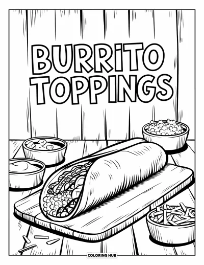 Tegning af mexicansk mad til børn: Burrito med ris og bønner omgivet af skåle med toppings og en etiket