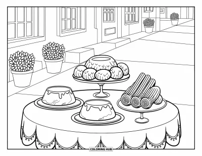 Tegning af mexicansk mad til børn: Cafébord udendørs med churros, flan og planter