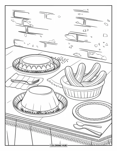 Tegning af mexicansk mad til børn: Churros, sopapillas og flan på et rustikt dessertbord med kaneldrys
