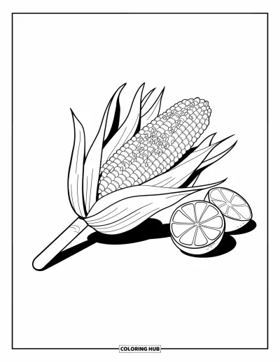 Tegning af mexicansk mad til børn: Elote med drys og lime ved siden af på hvid baggrund