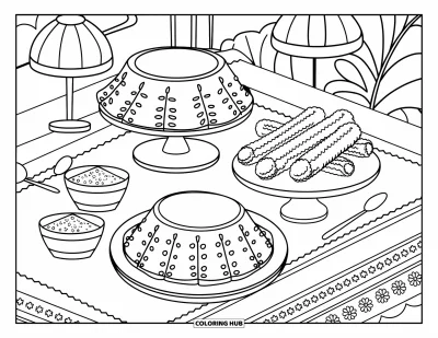 Tegning af mexicansk mad til børn: Hyggelig cafédessertanretning med slik, saucer og en lampe i nærheden