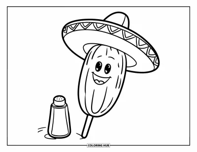 Tegning af mexicansk mad til børn: Sødt elote i en sombrero ved siden af en saltbøsse på en ren side