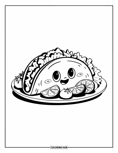 Tegning af mexicansk mad til børn: Sødt tacofad med skivede lime, tomater og salat