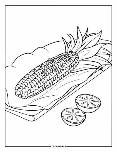 Tegning af mexicansk mad til børn: Elote på en pind med drys og halve lime ved siden af