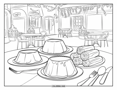 Tegning af mexicansk mad til børn: Flan, churros og sopapillas på et cafébord med planter og skilte