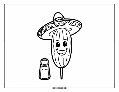 Tegning af mexicansk mad til børn: Glad elote i en sombrero ved siden af en lille saltbøsse