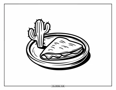 Tegning af mexicansk mad til børn: Lille quesadilla på en tallerken ved siden af en lille kaktusplante