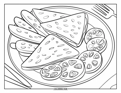 Tegning af mexicansk mad til børn: Tallerken med trekantede quesadillas med jalapeños, tomater og en gaffel