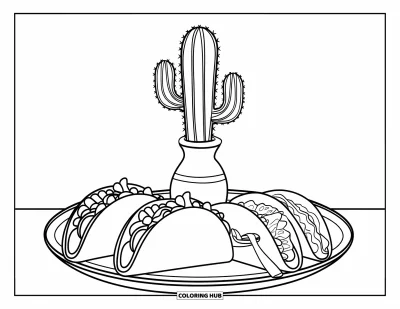 Tegning af mexicansk mad til børn: Tallerken med tacos, elotes og en kaktus i en lille vase