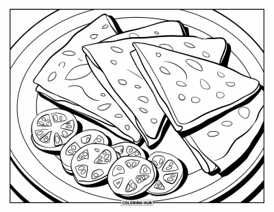 Tegning af mexicansk mad til børn: Quesadillas med jalapeños og tomatskiver pænt anrettet på en tallerken