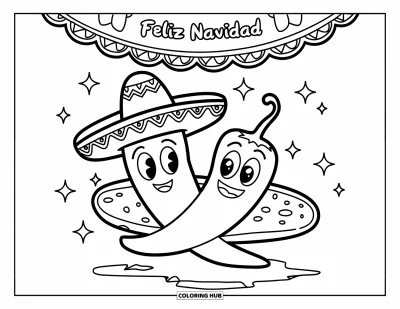 Tegning af mexicansk mad til børn: Smilende chilipeber og tortillas med hatte under et festligt banner