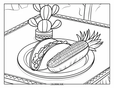 Tegning af mexicansk mad til børn: Taco og elote med toppings ved siden af en kaktus på et træbord