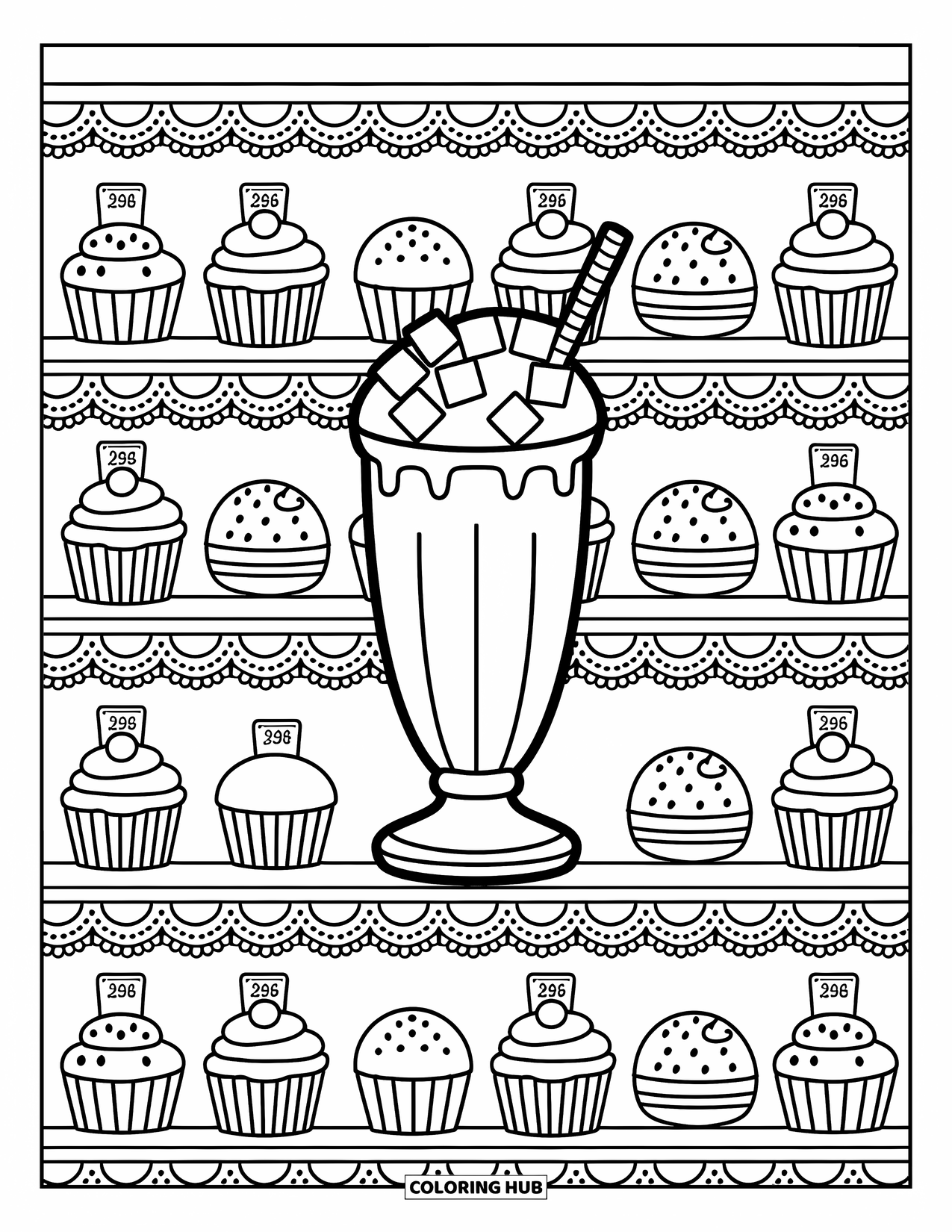 Milkshake Coloring Page for Adults: A cozy dessert shop shows a milkshake with marshmallows among cupcakes and macarons