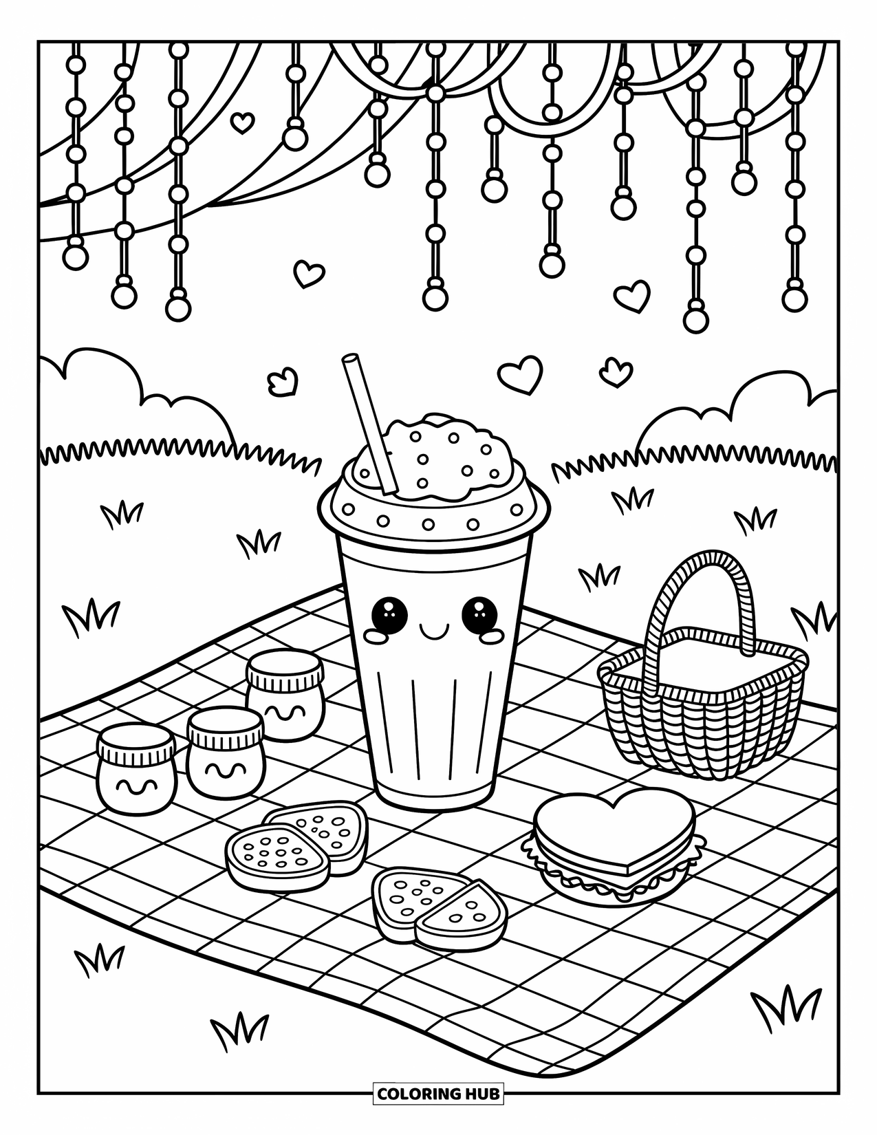 Milkshake Coloring Page for Adults: A cute milkshake picnic includes jam jars, heart sandwich, and a cozy outdoor vibe