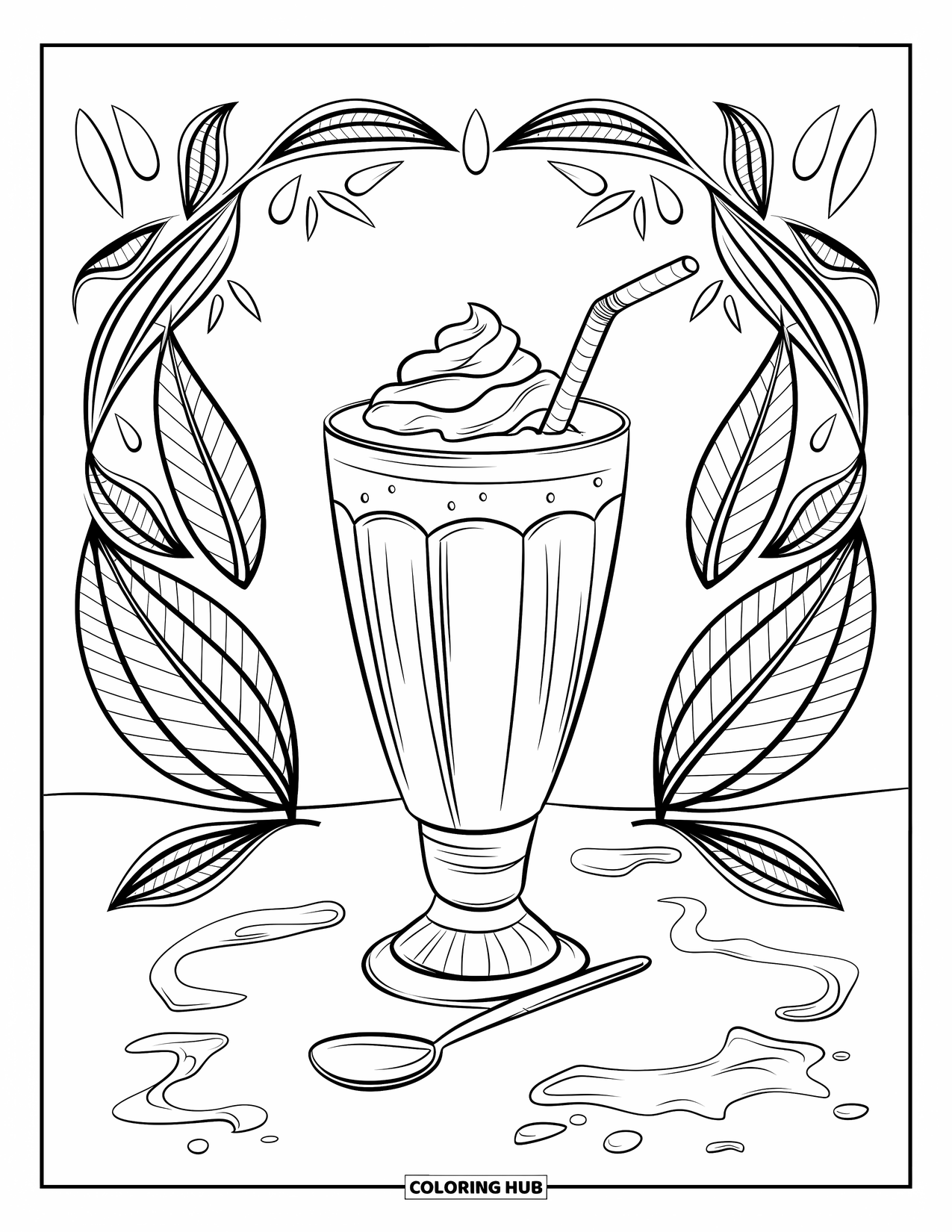 Milkshake Coloring Page for Adults: Chocolate milkshake with whipped cream rests beside ornate cacao leaves and a spoon