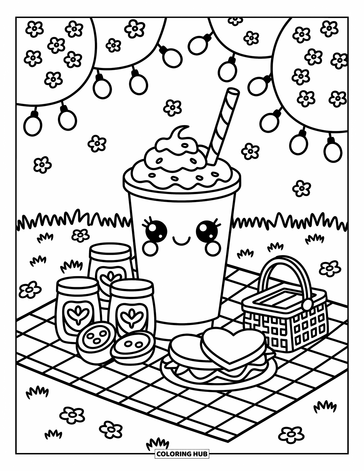 Milkshake Coloring Page for Adults: Cozy picnic with milkshake, fruit, and fairy lights under a flower-decorated tree