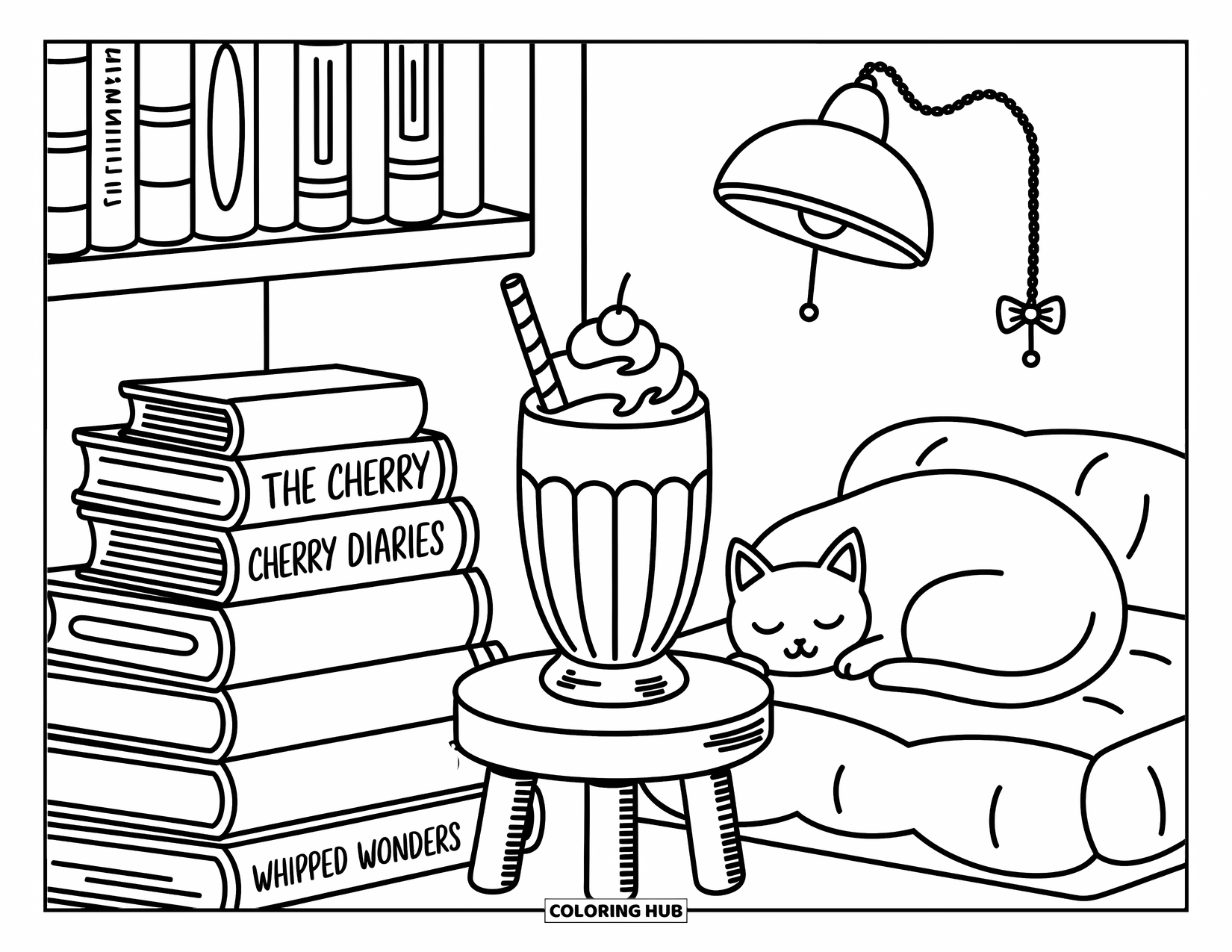 Milkshake Coloring Page for Adults: Library corner with milkshake, cat, and cheerful book stacks under a glowing lamp