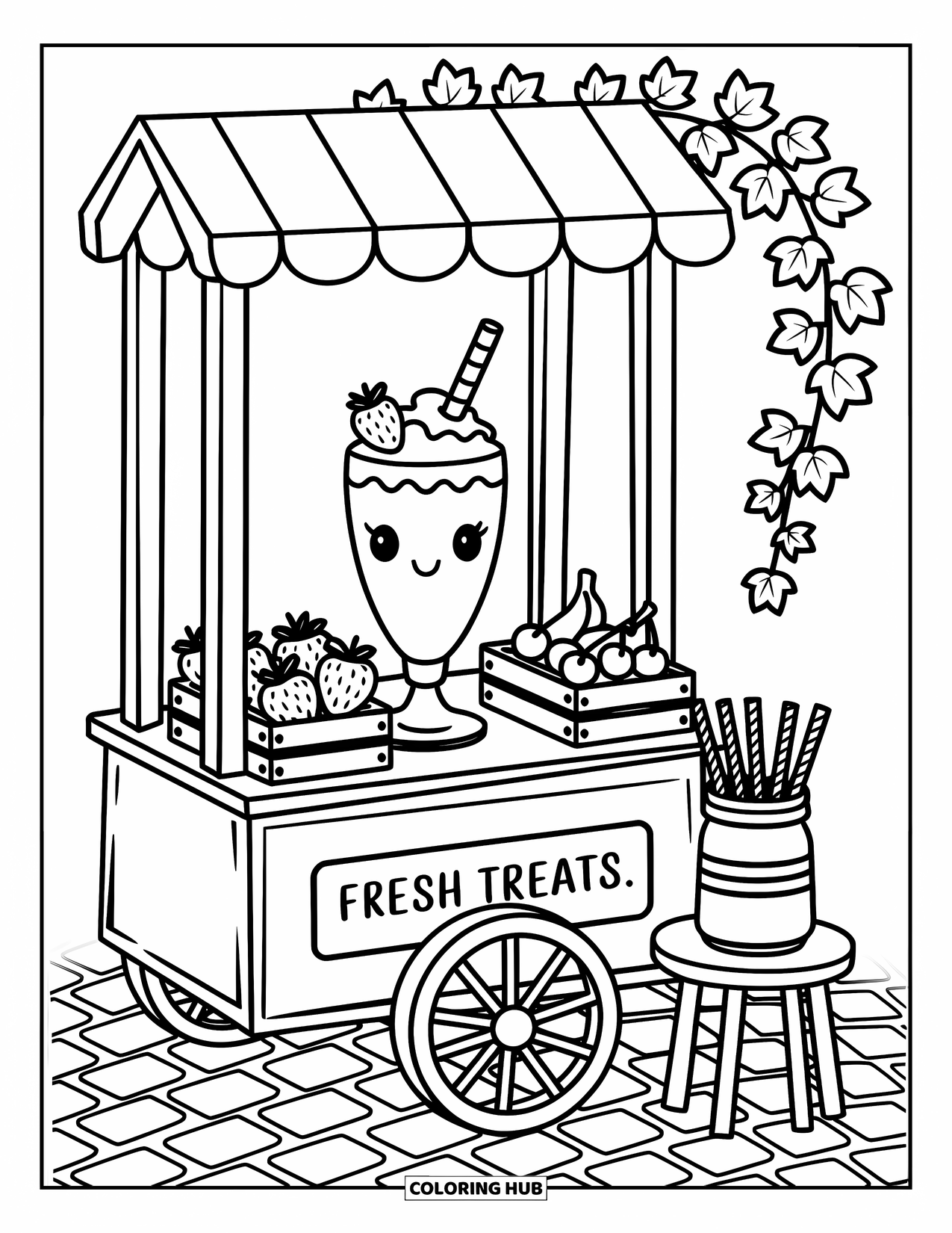 Milkshake Coloring Page for Adults: Milkshake and fruits rest on a cart beside a ìFresh Treatsî sign and stool