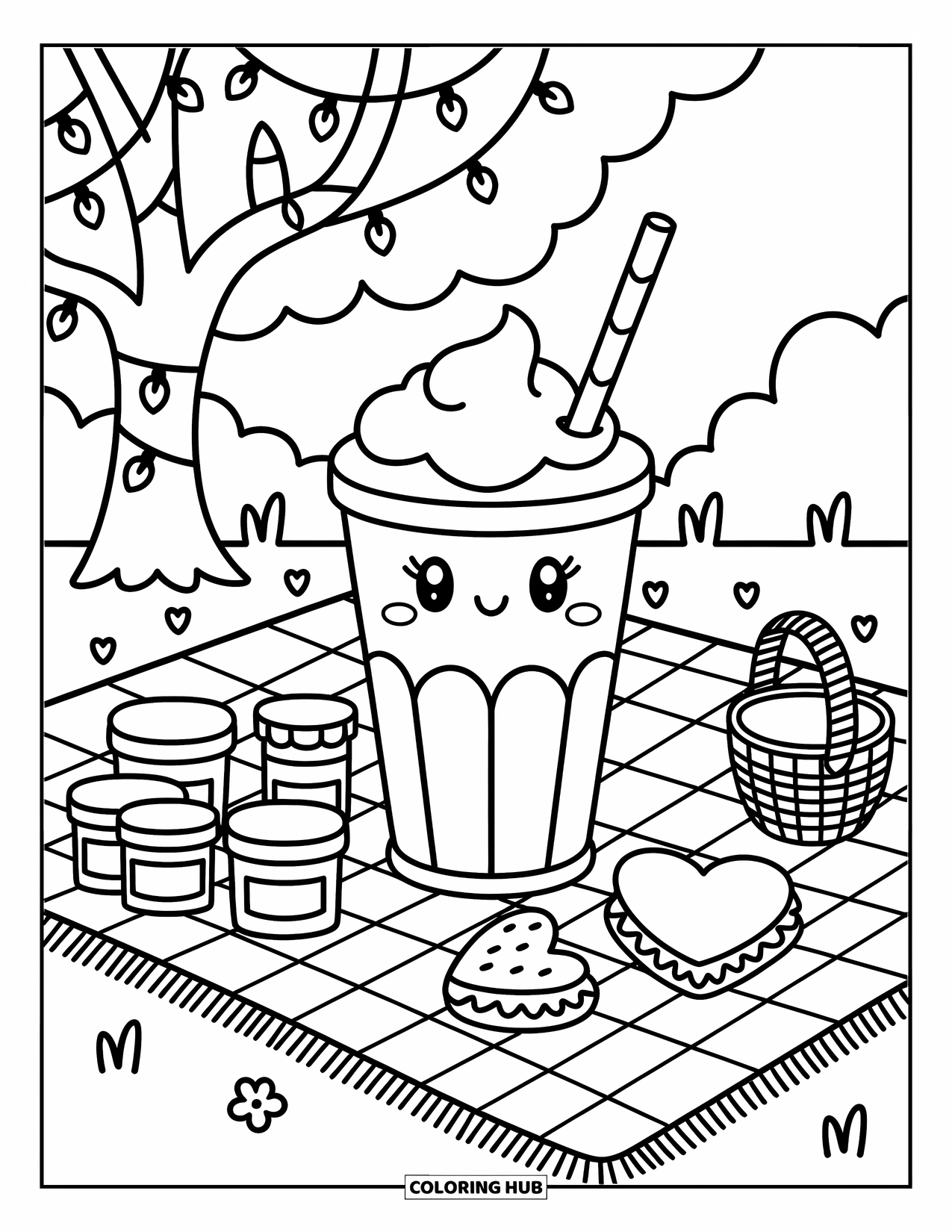 Milkshake Coloring Page for Adults: Milkshake sits on a picnic blanket with fruit, jam jars, and heart-shaped sandwich