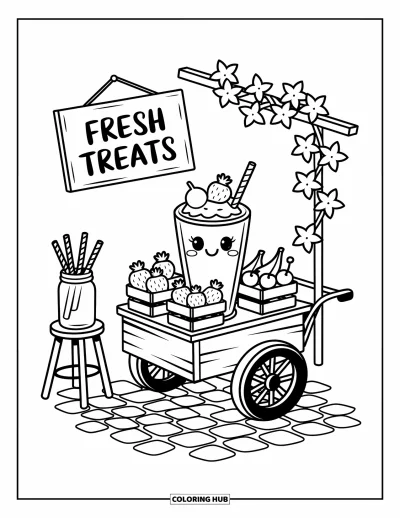 Turmix kifestő felnőtteknek: Turmix fa kocsin gyümölcsesládákkal, borostyánnal és “Fresh Treats” felirattal