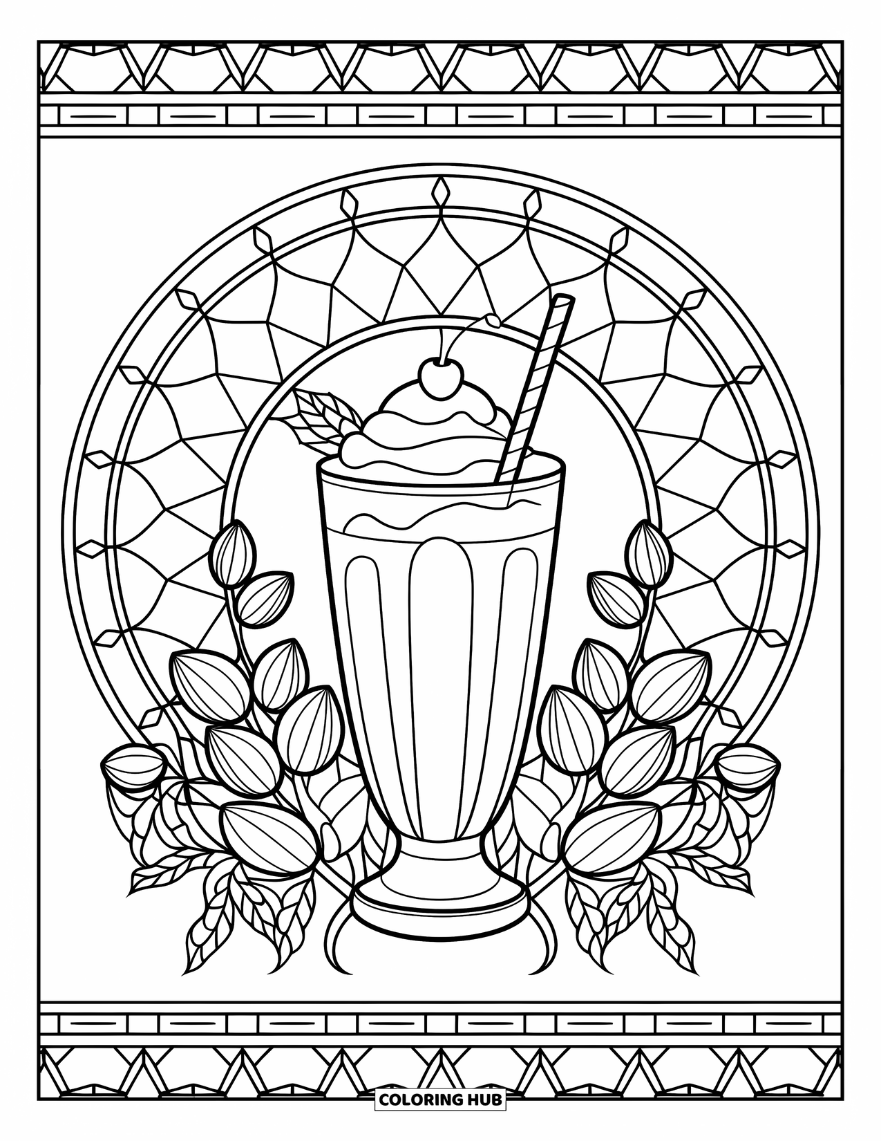Milkshake Coloring Page for Adults: Milkshake with almond blossoms and stained glass patterns creates a cozy scene