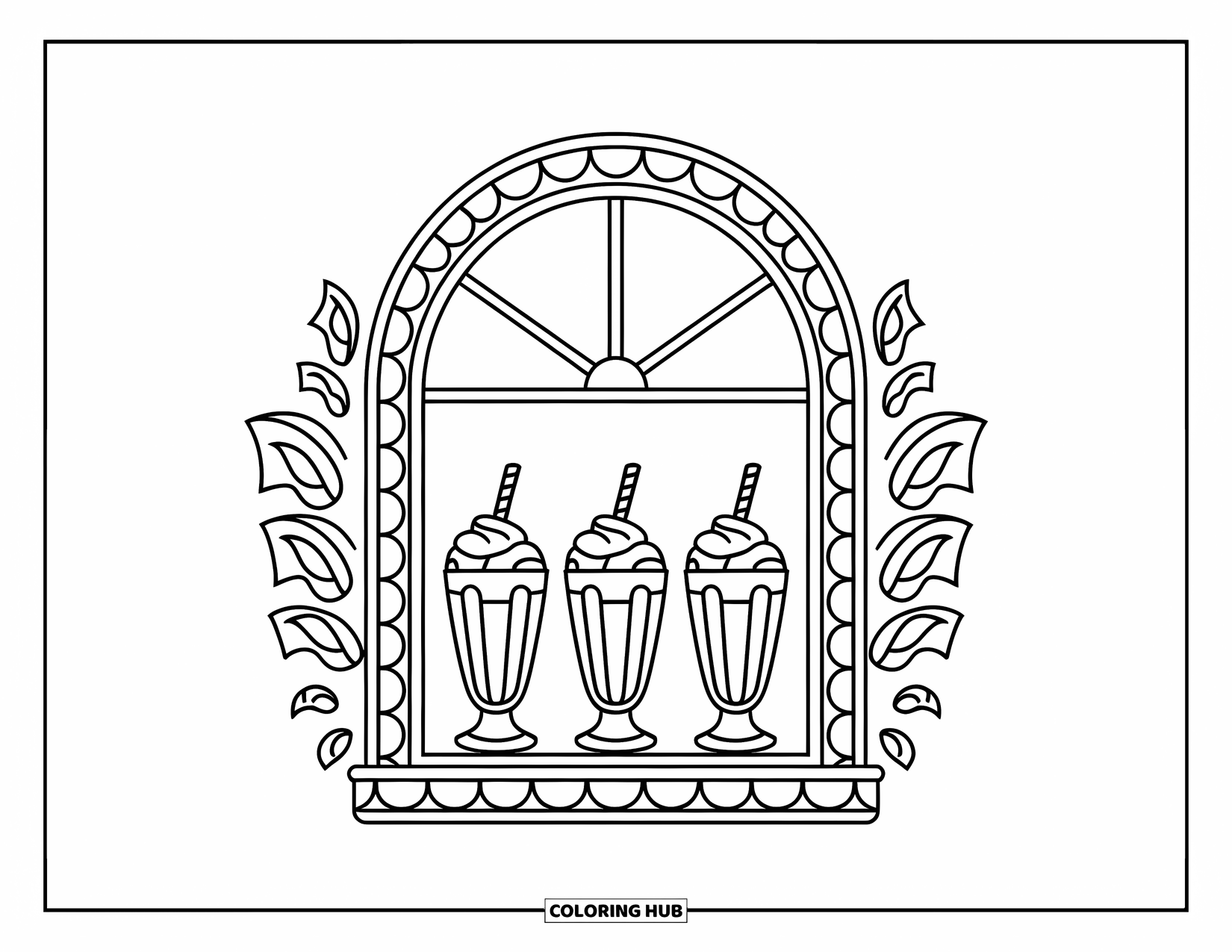 Milkshake Coloring Page for Adults: Milkshakes line a windowsill with a decorative arched frame and leafy accents