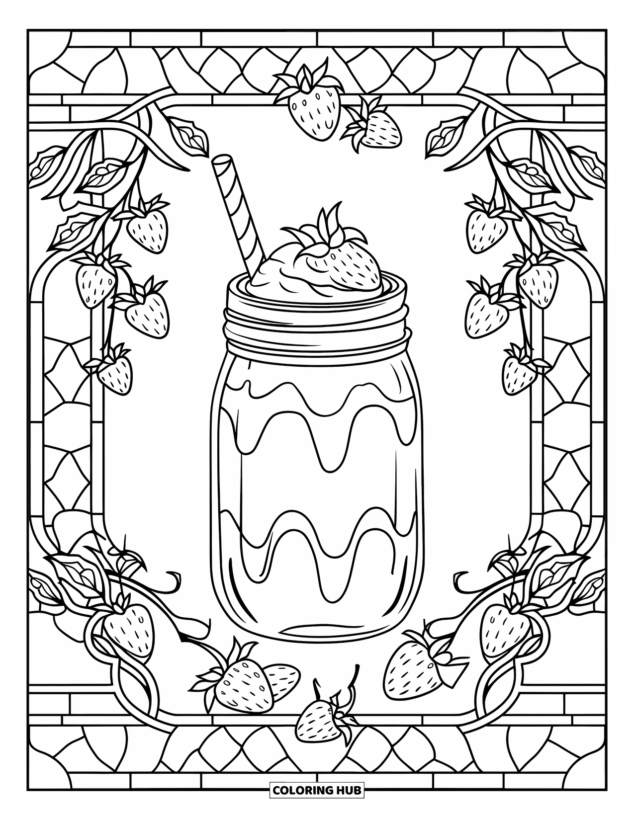 Milkshake Coloring Page for Adults: Strawberry cheesecake milkshake in a mason jar is wrapped in berry vines and borders
