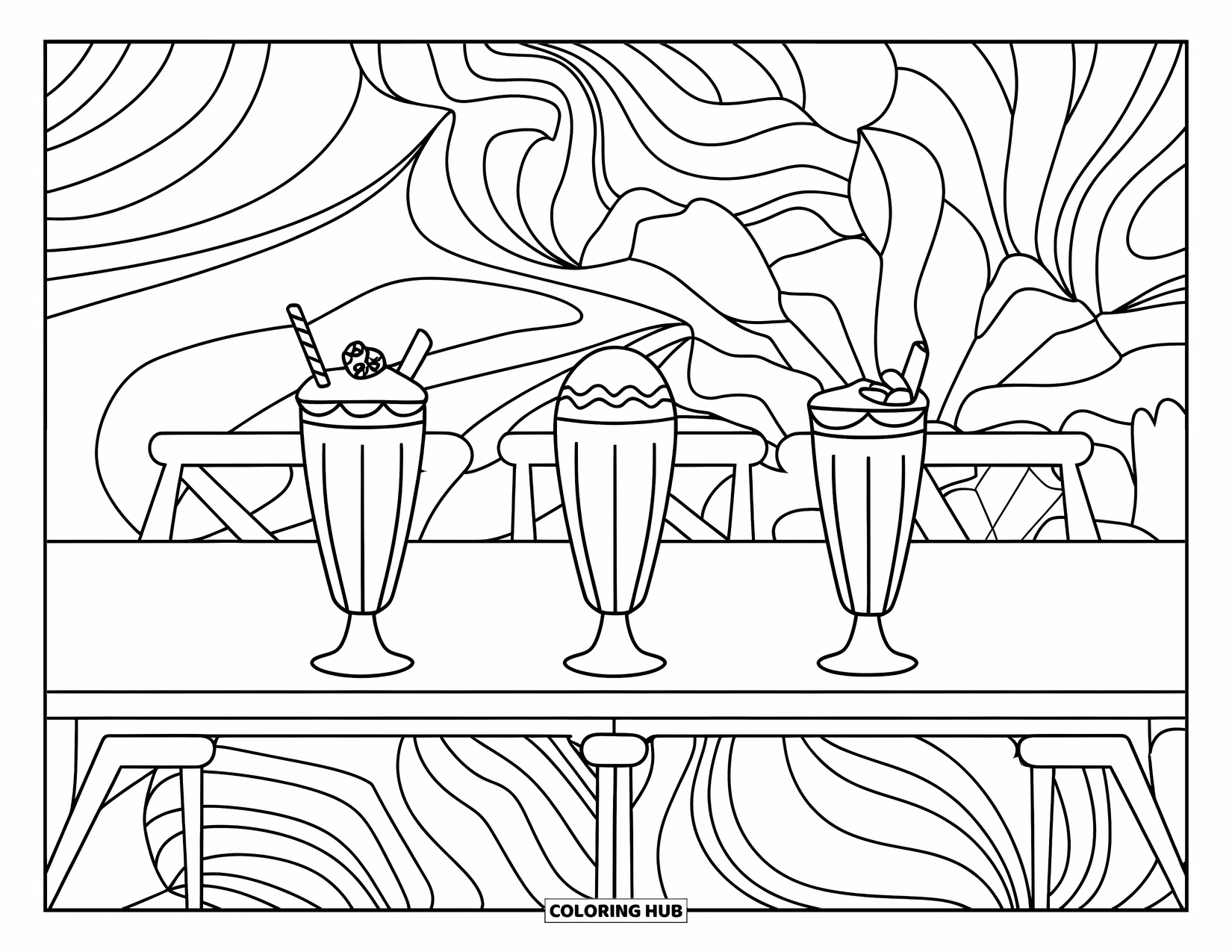 Milkshake Coloring Page for Adults: Three milkshakes rest on a table surrounded by swirling botanical patterns