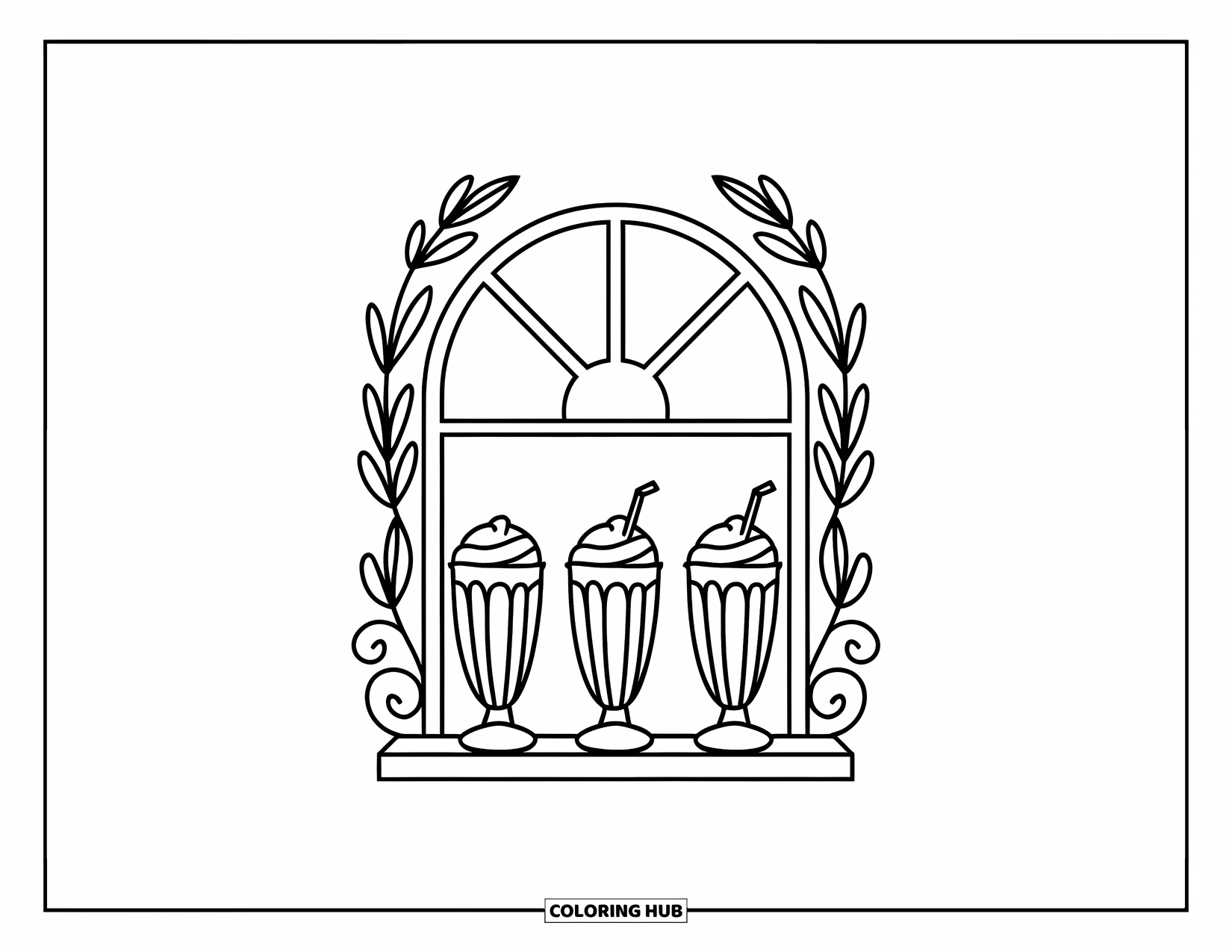 Milkshake Coloring Page for Adults: Three milkshakes sit on a windowsill framed by elegant leaf scrollwork