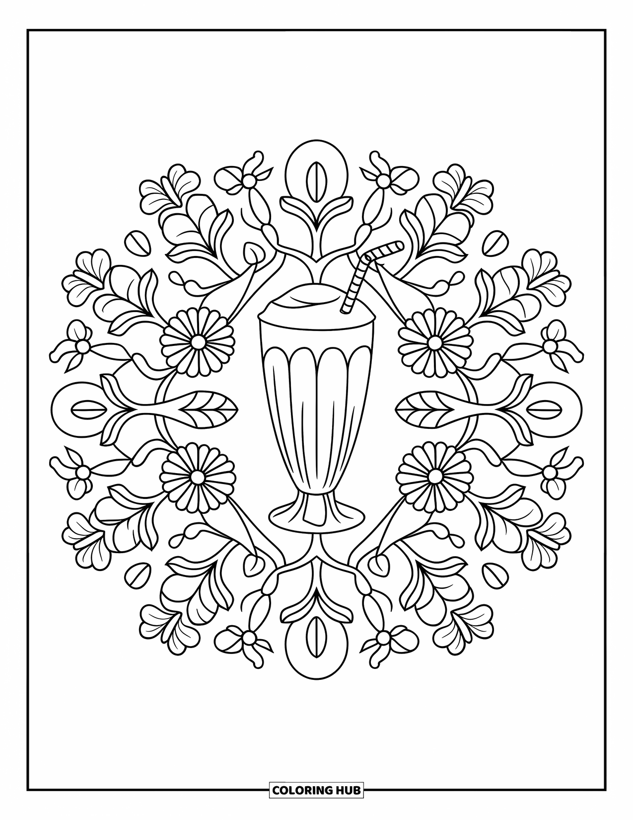 Milkshake Coloring Page for Adults: Vanilla milkshake is surrounded by a detailed floral and leafy mandala design